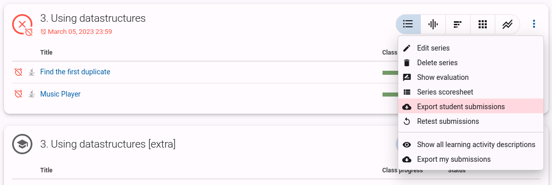 Series menu showing "Export student submissions" as option