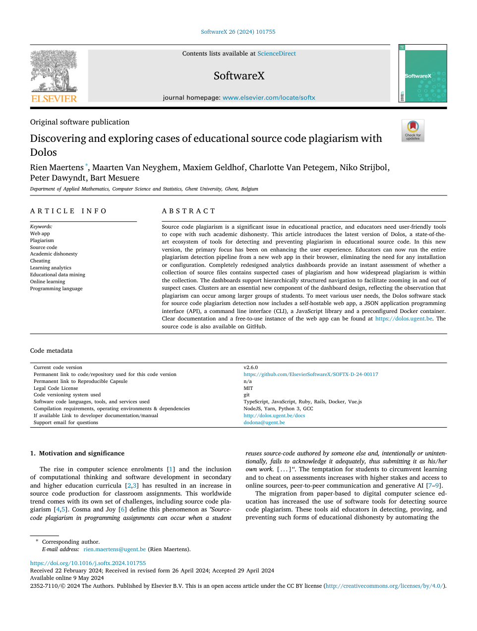 Image of the first page of the article with title Discovering and exploring cases of educational source code plagiarism with Dolos